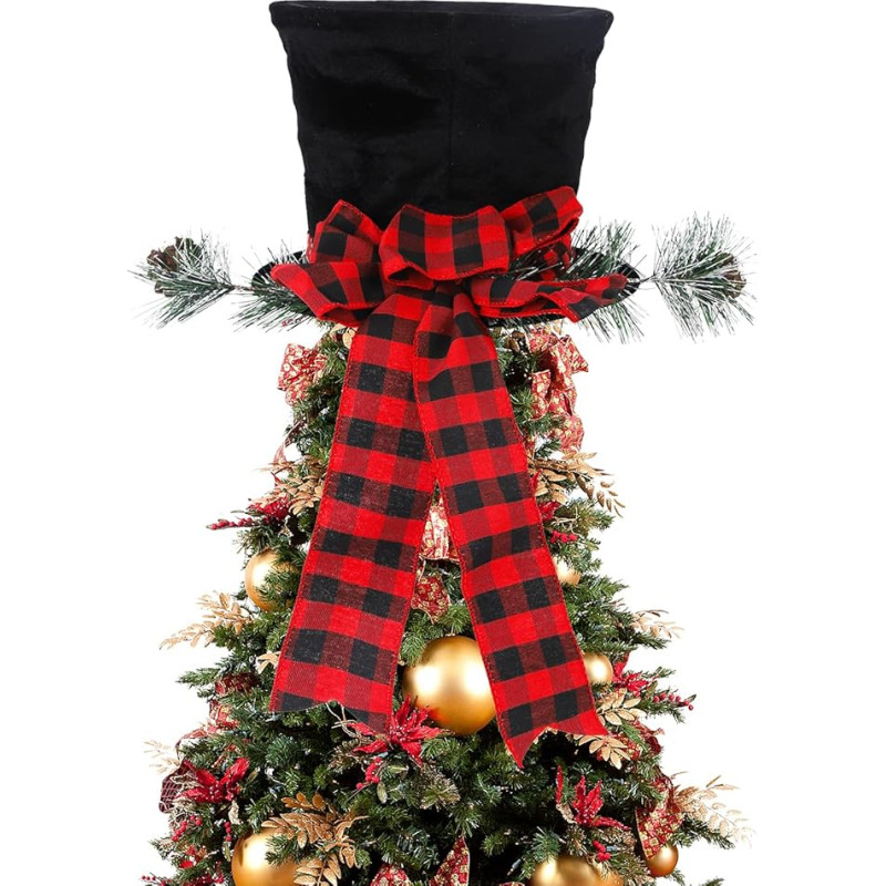 Hileyu Christmas Tree Topper Hat, Large Tree Cylinder Hat with Red Checked Bow, Bowknot Tree Topper Cylinder with Pine Cone Ornament, Christmas Tree Decoration, Christmas Tree, New Year Party Decorations