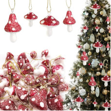 Pack of 32 Mushroom Christmas Decorations Mushroom Decorative Hanging Ornaments for Christmas Tree Red and White Foam Mushroom Decorations Christmas Holiday Party Decoration, 4 Sizes