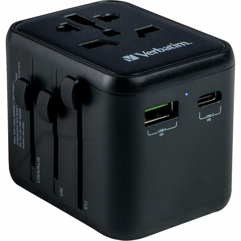 Verbatim Universal Travel Adapter UTA‑01 Socket Adapter with 2 USB A Ports Travel Plug for Laptop, Mobile Phone, Camera etc. Worldwide Usage 100-250V