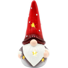 Dekohelden24 LED Ceramic Gnome Gnome with Hat in Red, Grey and White, Length x Width x Height 7.5 x 6.5 x 14.5 cm, Multi-Coloured