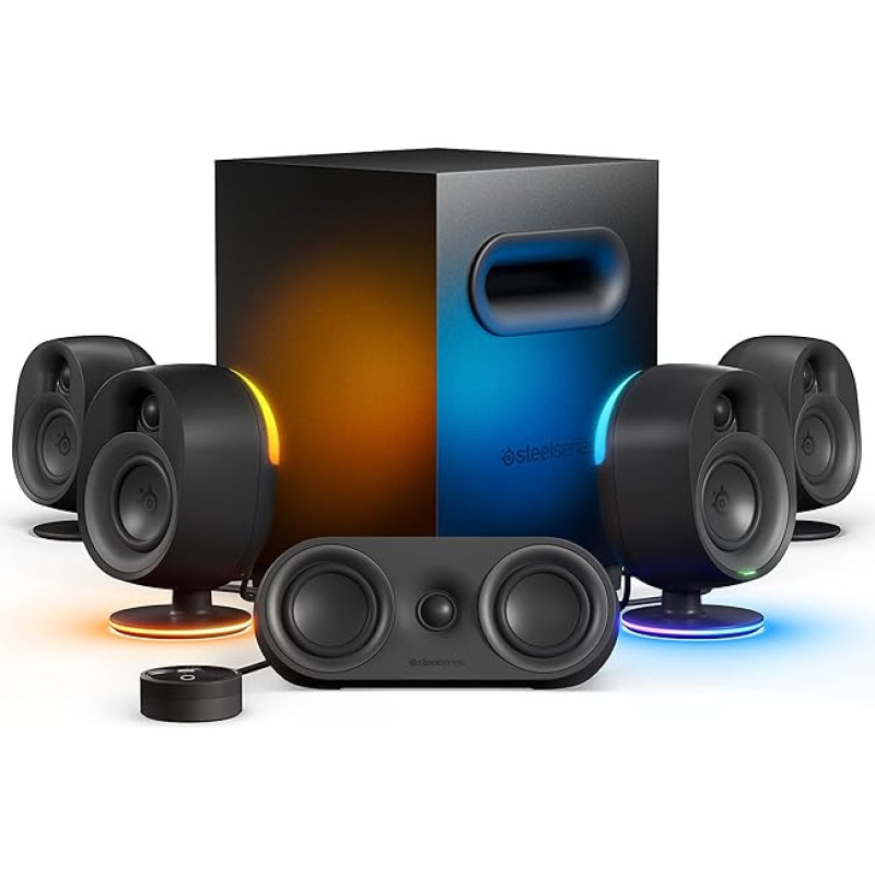 SteelSeries Arena 9 - 5.1 Gaming Speakers - 5.1 USB Surround Sound - Wireless Rear Speakers, 2-Way Speaker Design, Subwoofer - Reactive RGB - USB, BT - PC, Black