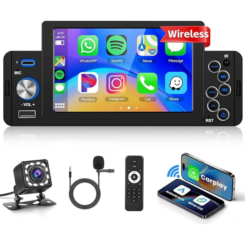 Car Radio Bluetooth Carplay Android Car Wireless 1DIN with Screen 5 Inch podofo Car Radio with Reversing Camera FM Radio USB/Mic/AUX/Steering Wheel Control, Navigation GPS, Airplay, Mobile Charging