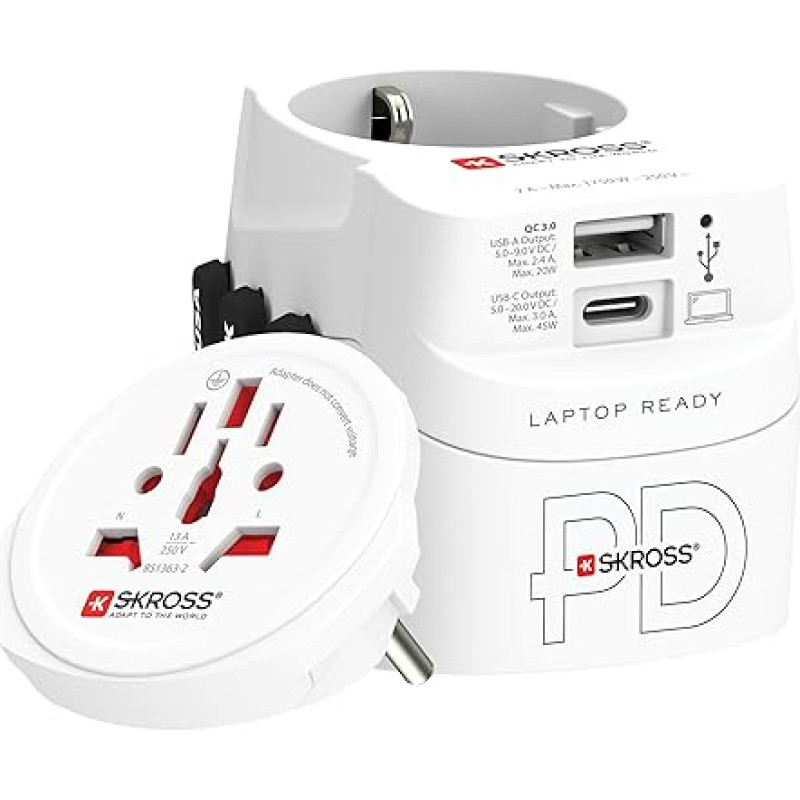 SKROSS - PRO Light USB AC45PD - Universal travel adapter to the world and back with 2 USB ports - 45 W fast charge - Voltage and power: 100 V AC - 700 W / 250 V - 1750 W