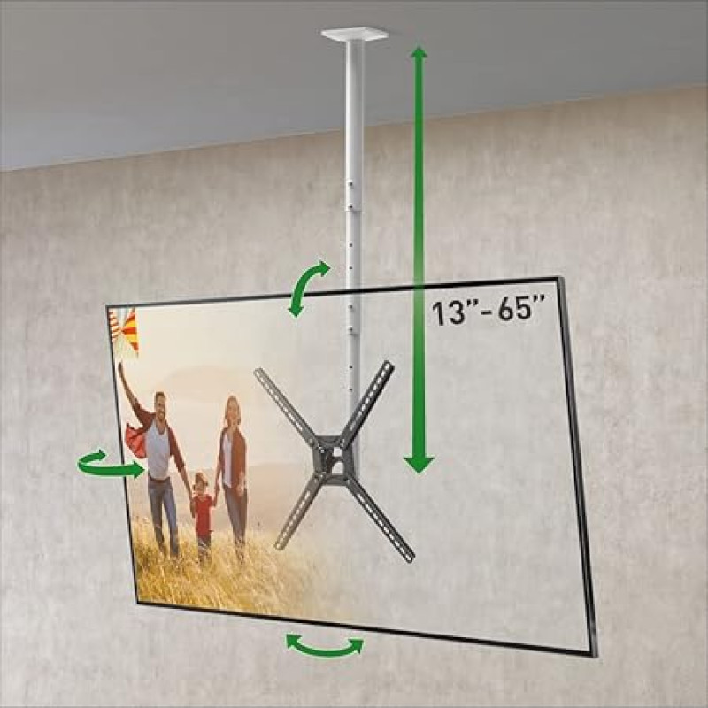 Barkan 97 cm Long White TV Ceiling Mount, 13-65 Inch Tilt/Full Motion Flat & Curved TV Mount, Holds up to 40 kg, Telescopic Height Adjustable, for LED OLED LCD, Max. VESA 400 x 400