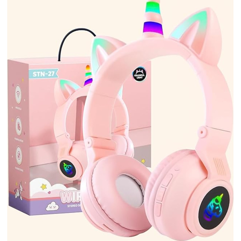 OHAANYY Wireless Headphones for Children, Headphones Bluetooth Unicorn Foldable, Girls with Cable and Microphone Headphones Children with LED Light Stereo Headphones for Mobile Phone/Tablet/PC (Pink)