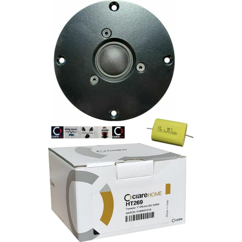 Ciare 1 x HT269 HT 269 Dome Tweeter Driver Black 100 Watt Rms 200 Watt Max 11.00 cm 110 mm Diameter Impedance 8 Ohm Sensitivity 90 dB House 1 Piece + Capacitor and 5 Stickers Gift