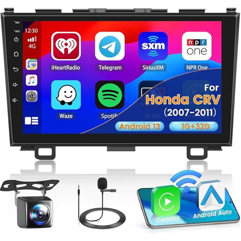 Hikity Android 13 Car Radio for Honda CRV 2007 2008 2009 2010 2011 with Wireless Carplay Android Car 9 Inch Screen Car Radio with GPS WiFi Bluetooth FM RDS HI-FI MIC Reversing Camera