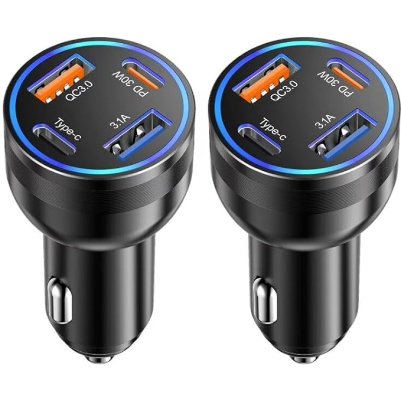 65W USB C Car Charger, 2 Pack 4 Ports iPhone 16/15 USB-C Car Charger Adapter Quick Charge PD3.0 & QC3.0 30W Cigarette Lighter Type C Car Charger for iPhone 15, 16 Pro Max,