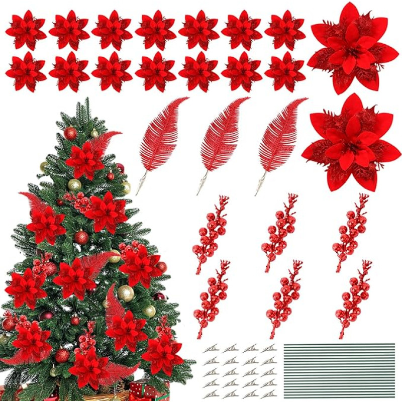 JULBEAR 25 Pieces Poinsettia Glitter Artificial Flowers and Berry Leaves Christmas Ornaments for Christmas Wreath, Christmas Tree, Home, Wedding, Holiday, New Year, Party Decoration (Red)