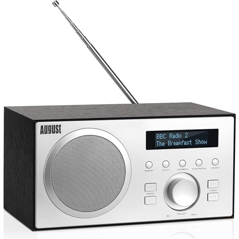 DAB+/FM Radio with Bluetooth August MB420 Digital Kitchen Radio Wooden Housing RDS Function 60 Presets HiFi Bluetooth Speaker 5W Radio Alarm Clock Sleep Timer Alarm Snooze USB / Aux-In / Aux-Out,