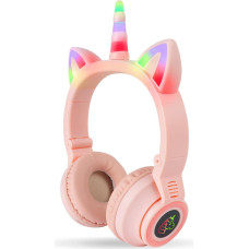 AXFEE Children's Headphones, 5.0 Bluetooth Children's Headphones, Equipped with One Button Bass Boost, Stereo Headphones Wireless with LED Light, Girls Cat Ear Headphones Over-Ear for Mobile Phone/PC