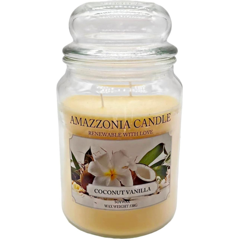 Amazzonia Candle Coconut Vanilla 530 g Natural Scented Soy Wax Scented Candle for the Environment Decorative White Candle Glass Jara