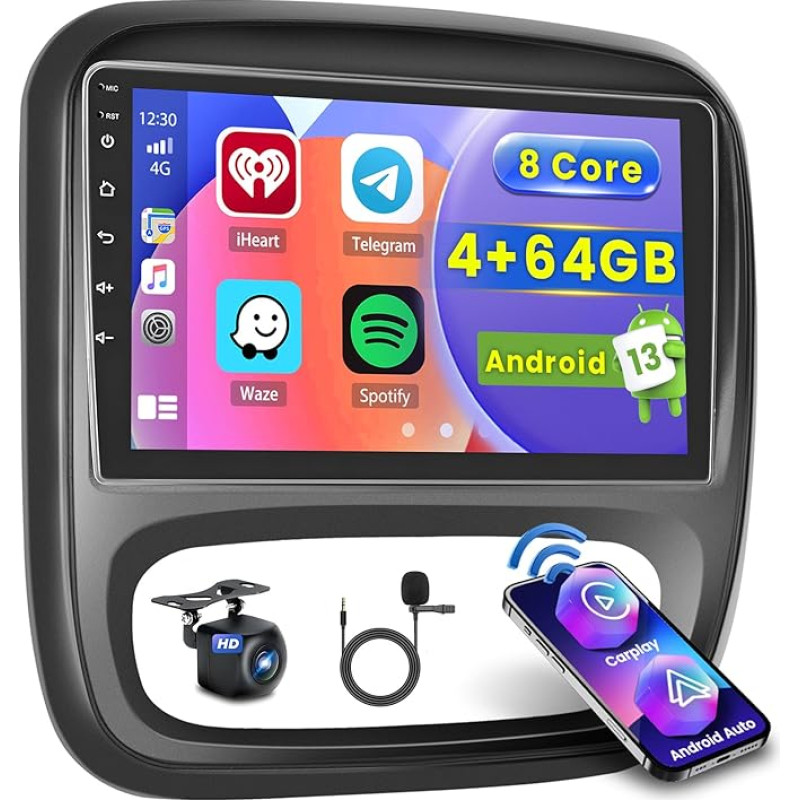 8 Core 4GB + 64GB for Opel Vivaro B/Renault Trafic/Fiat Talento/Nissan NV300, 9 Inch Screen Car Radio, Android 13 Car Radio, Wireless CarPlay Android Car, with Sat Nav, Reversing Camera