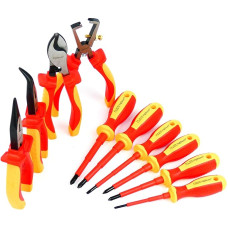 INGDAUM® VDE įrankių rinkinys, 10 dalių žirklės kabeliui kirpti, ilgosios replės tiesiomis ir 45° kampu, taip pat laidų nuėmiklis ir 2 Pozidriv, dantyti ir kryžminiai atsuktuvai, izoliuoti 1000 V (10.1 versija)