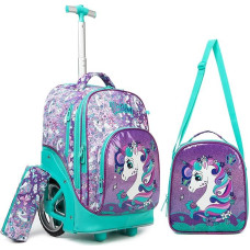 HTgroce Vaikų mokyklinė kuprinė su vežimėliu, kuprinė su ratukais mergaitėms, mokyklinis krepšys su vežimėliu, kuprinė su vežimėliu pradinei mokyklai, vidurinei mokyklai, kelionėms, A-Unicorn, bohemiškas stilius