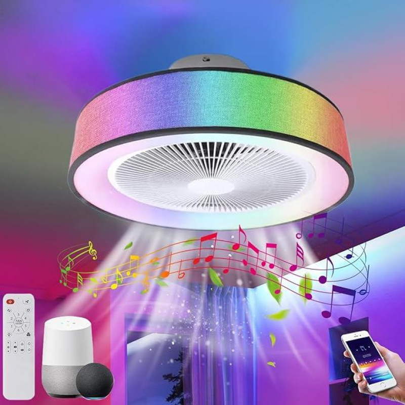 LED RGB Music Ceiling Light with Fan and Remote Control, Quiet Ceiling Fan with Lighting, Dimmable Fan Lamp with Bluetooth Speaker, Fabric Lampshade, Ceiling Lamp, Fan Light