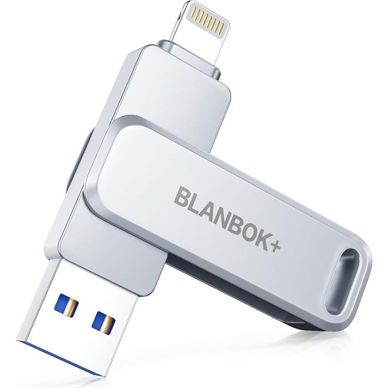 BLANBOK+ MFi sertifikavimas 256 GB USB atmintinė iPhone, 3 in 1 Lightning USB atmintinė iPhone su C tipo adapteriu, išorinė saugykla iPhone/iPad/Android/PC/Mac (sidabrinė)
