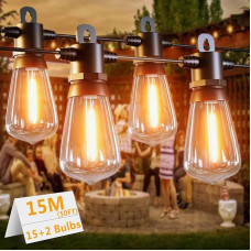 LONIUTO LED Fairy Lights Outdoor 15 m, 15 + 2 ST38 Light Bulbs, Outdoor Power Outdoor 2700 K Warm White, IP65 Waterproof Outdoor Fairy Lights for Garden, Patio, Parties, Gazebo