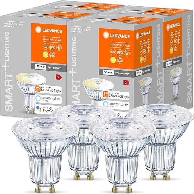 LEDVANCE Smart LED Reflector Lamp with WiFi Technology, GU10 Socket, Warm White (2700 K), Dimmable, Replaces Reflector Lamps with 40 W, SMART+ WiFi Spot GU10 Dimmable, Pack of 4