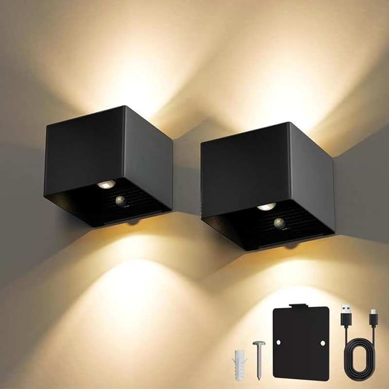 MALUX Pack of 2 Wireless Battery Wall Light with Motion Sensor, 3000 K Wall Light, Battery, Warm White LED Wall Light, IP44 Waterproof, USB Rechargeable Wall Light for Hallways, Garages and Stairs