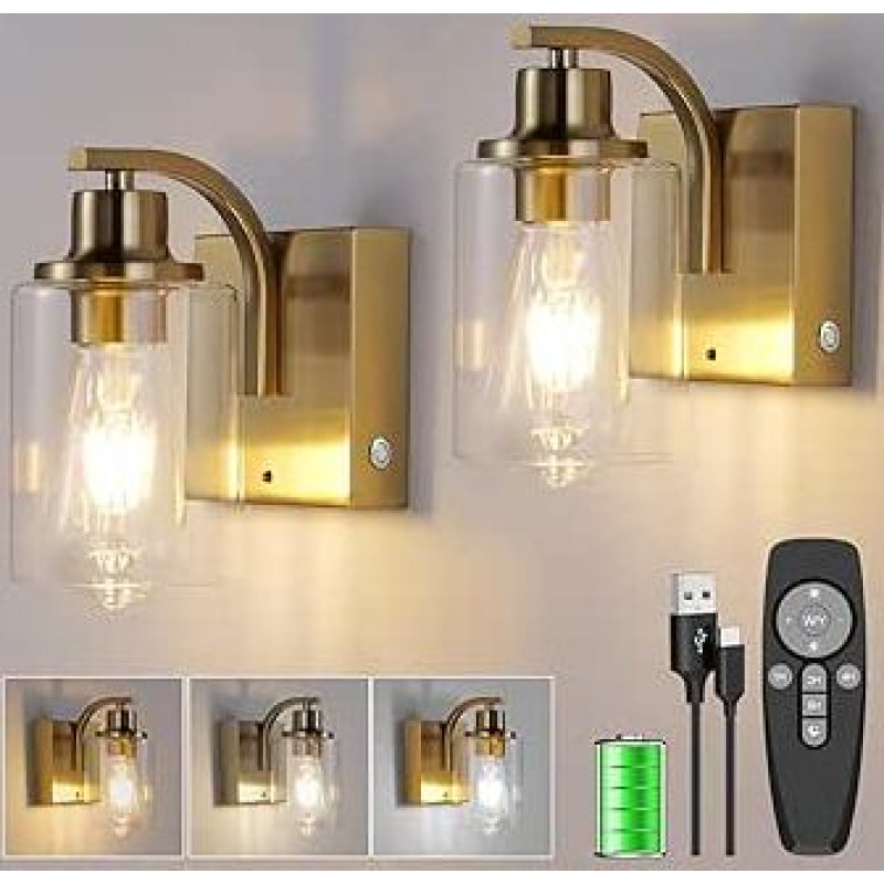 Wireless Battery Wall Light with Remote Control, 8000 mAh USB-C Rechargeable Wall Lamp, Gold, Touch Dimmable LED Wall Lights, Battery, Bedside Lamp for Living Room, Bedroom, Hallway, Pack of 2