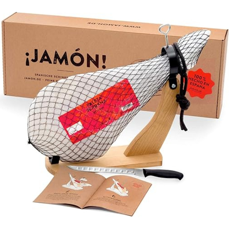 Jamon Box No. 1 by jamon.de - Serrano Ham 4.5 kg in Gift Box with Accessories | Ham Set Including Ham Stand, Knife & Cutting Instructions | Ideal as a Gift