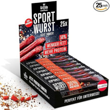 Grillido Sportwurst 25 x baltyminis užkandis iš jautienos ir čili (500 g) Mažai riebalų turintis saliamis su 39 % baltymų Aštri alternatyva mini saliamiui ir jautienos džiūvėsėliams Aukštos kokybės mėsos užkandis sportui ir fitnesui