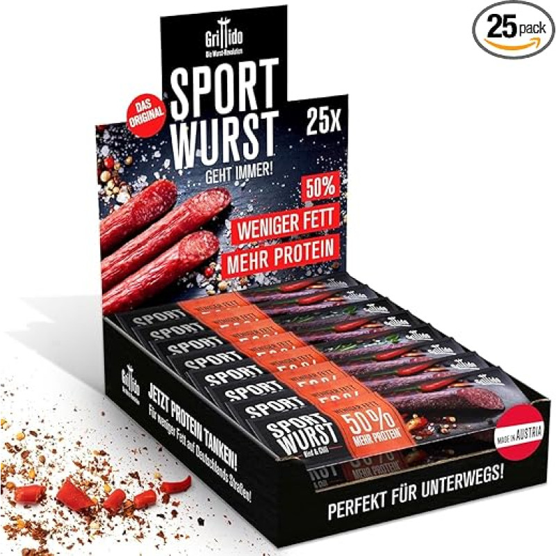Grillido Sportwurst 25 x Protein Snack Made of Beef & Chili (500 g) Low Fat Salami with 39% Protein Sharp Alternative to Mini Salami & Beef Jerky High-Quality Meat Snack for Sports & Fitness
