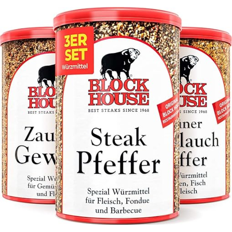 Block House Spices for Grilling Grill Set - Magic Spice Salt 280 g Steak Pepper 200 g Green Garlic Pepper 200 g