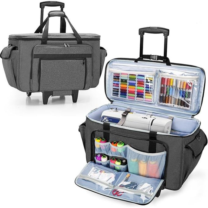CURMIO Sewing Machine Bag with Removable Trolley, Rolling Embroidery Machine Bag with Base Support Plate for Sewing and Embroidery Machine, Grey