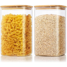 Extra Large Square Glass Flour and Sugar Containers with Airtight Lids, 4.7 L, 2 Pack with Bamboo Lid, Airtight Pantry, Food Containers for Cereal, Pasta, Rice