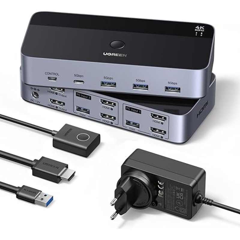 UGREEN HDMI 2.0 KVM Switch 2 PC 2 Monitors 4K60Hz Keyboard and Desktop Controller Switching 4 USB 3.0 Ports Compatible with Windows/Linux/MacOS etc.