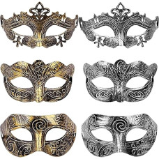 Venezianische Herren-Maske, Ballmaske, Gesichtsmaske für Party, Kostümball, Maskenball, Halloween, 6 Stück (Silber, Gold), goldfarbene Maskenmaske