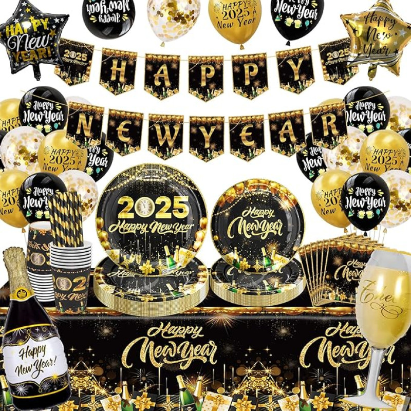 2025 m. Naujųjų metų išvakarių stalo indai, 2025 m. Naujųjų metų išvakarių puošybos stalo indų rinkinys, laimingų Naujųjų metų popierinės lėkštės, Naujųjų metų išvakarių dekoracijos su balionais 2025 m. Naujųjų metų išvakarių puošybos vakarėliui
