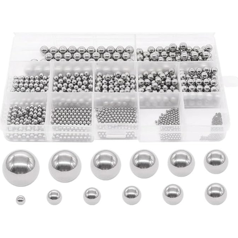 Kissmii 600-Teiliges Sortiment An Edelstahl-Präzisionsstahlkugeln in 12 Größen, Mischkugeln