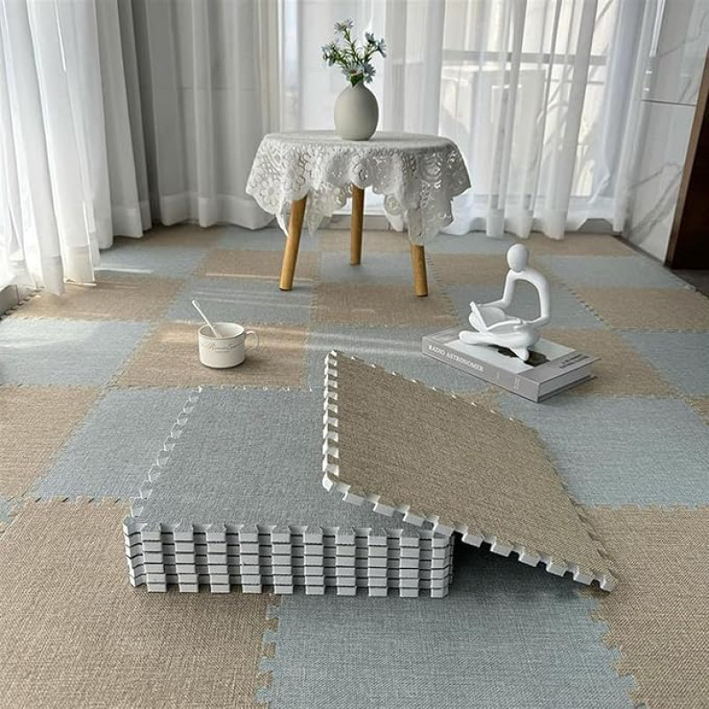 ELzEy 40 Pieces Patchwork Foam Mat Floor Mat with Linen Fabric Top 30 x 30 x 1 cm Thick Interlocking Carpet Tiles (Light Grey + Light Coffee)