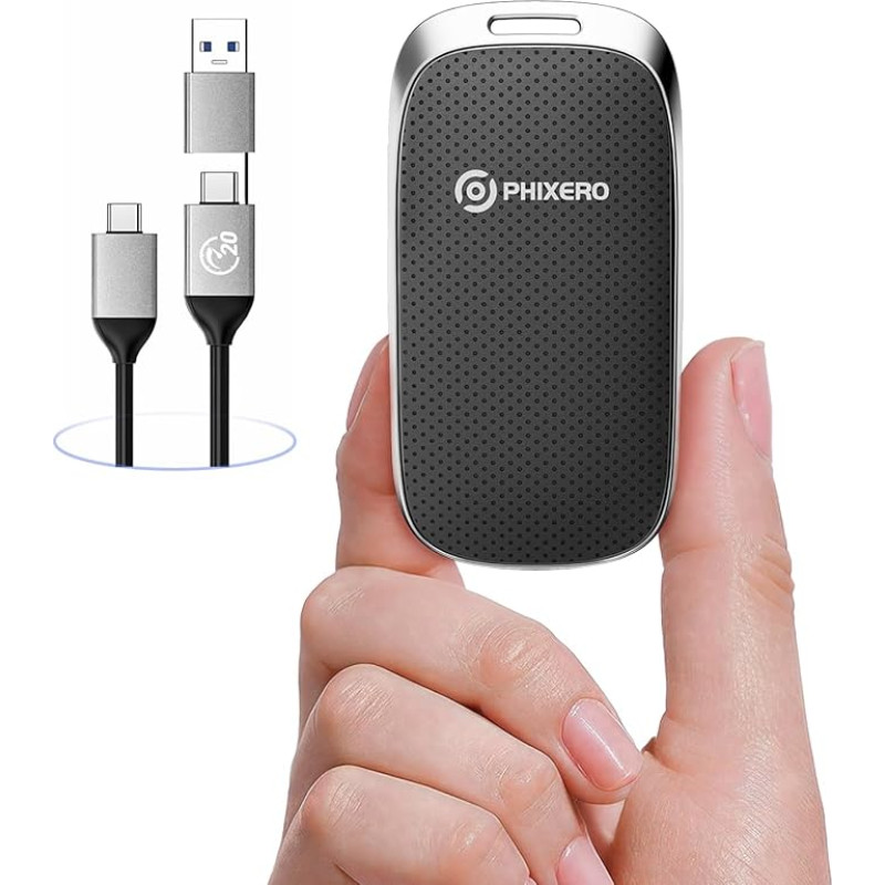 PHIXERO P20 512 GB nešiojamasis SSD diskas iki 2000 MB/s, USB 3.2 Gen 2X2 išorinis SSD diskas, USB C į C ir C&A, skirtas išmaniajam telefonui, planšetiniam kompiuteriui, kompiuteriui, laboratorijai (juodas)