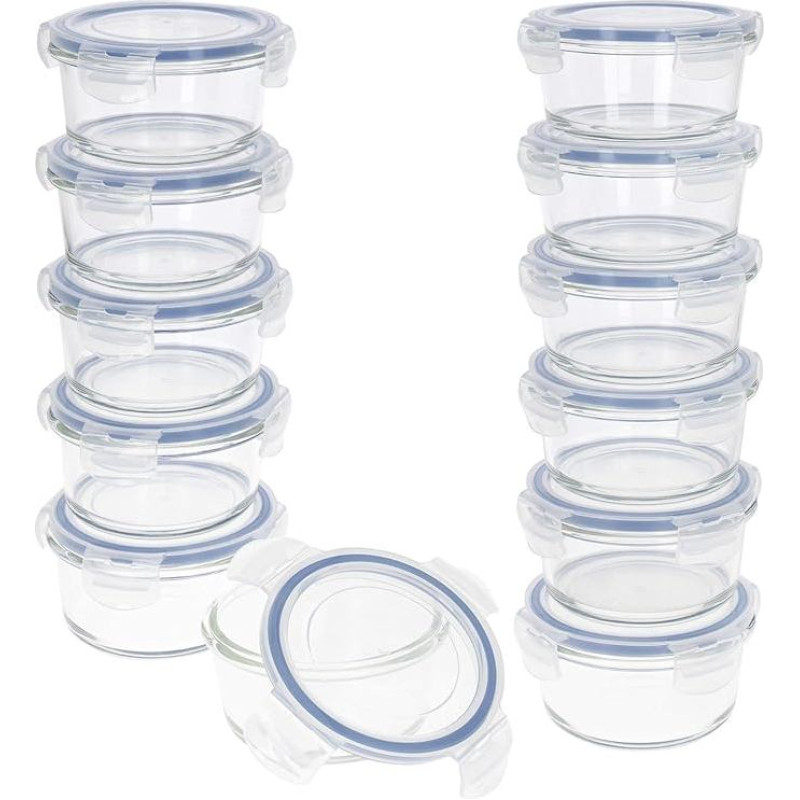 AKTIVE Max Home Pack of 12 Airtight Glass Containers, 420 ml, Microwavable Glass Food Containers with Airtight Seal, Round Shape (44)