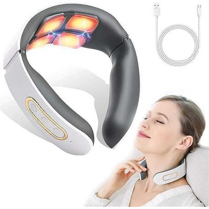 Neck Massager, 6 Modes, 9 Intensity Levels, Wireless Portable Electric Massager, 4 Head Pulse Massage and Heating Function with Constant Temperature for Neck Pain Relief
