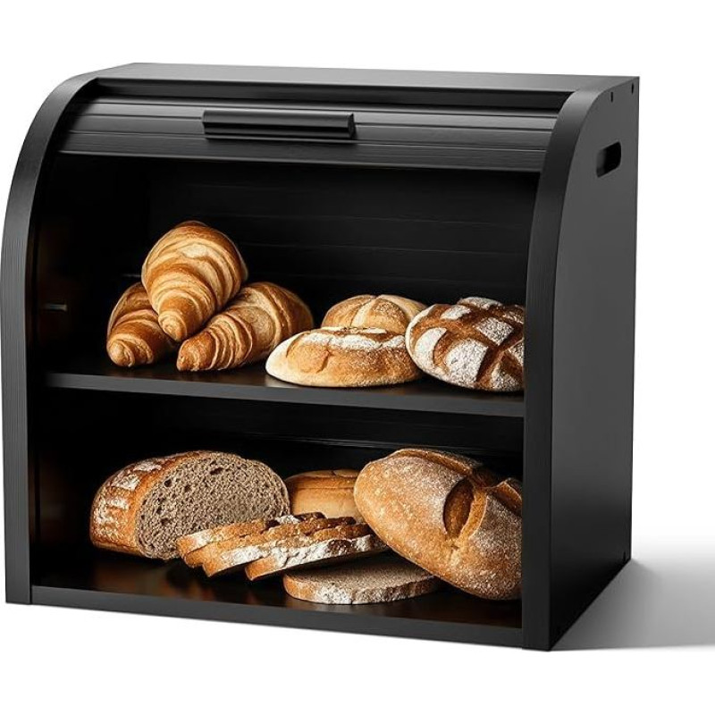 G.a HOMEFAVOR Bamboo Bread Bin 2 Tier Bread Bin Roll Top Bread Storage with Removable Layer, Self-Assembly, 38 x 25 x 36 cm, Black