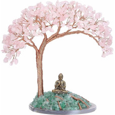 GEHECRST Feng Shui pinigų medis Budos figūra Gyvenimo medis dekoracijos su agato pagrindu Gydomasis akmuo Lucky Charm Tree Tumbled Stones Lucky Tree Decoration for Wealth Happiness Health (Rose Quartz)