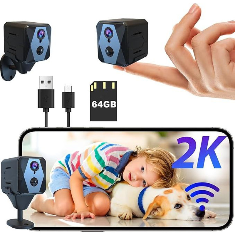aidowocam Mini kamera 2K vidaus stebėjimo kamera su 64G SD WLAN kamera Stebėjimo vidaus mini kamera Tiesioginis perdavimas Mobiliojo telefono programėlė Ilgas budėjimo režimas Baterija Kamera, judesio jutiklis Naktis