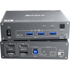 ESKEVE USB C HDMI KVM jungiklis 2 kompiuteriams 2 monitoriams, dviejų monitorių KVM jungiklis nešiojamajam ir asmeniniam kompiuteriui, USB 3.0 MST Dual 4K @ 60Hz, C tipo 60W įkrovimas nešiojamajam kompiuteriui, HDMI KVM jungiklis USB C su nuotolinio valdy