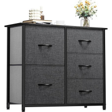 YITAHOME Komoda su 5 stalčiais, spinta, medžiaginiai stalčiai su rankenomis, metalinis rėmas, skirta svetainei, prieškambariui, miegamajam, patvari, juoda / pilka