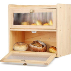 Wesditly 2 pakopų duonos dėžė virtuvės stalviršiui, medinė duonos laikymo talpykla su langu, duonos dėžė su reguliavimo rankenėlėmis, duonos talpykla šviežiai duonai laikyti (medžio spalva)