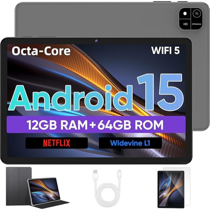 JIKOCXN Android 15 Tablet 10.1 Inch Tablet, 12GB RAM + 64GB ROM + 1TB Expansion, 1280 x 800 HD Touchscreens, 6000 mAh Battery, WiFi 5, Bluetooth 5.0, 5MP + 8MP Dual Camera, GPS (Grey)