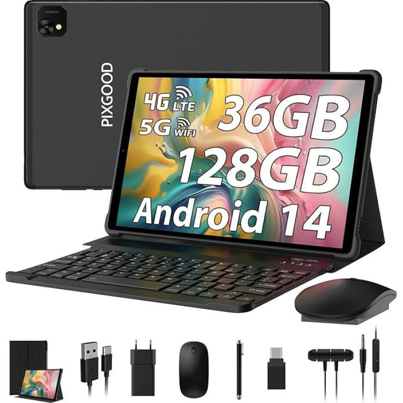 PIXGOOD Tablet 10 Inch 4G LTE and 5G WiFi, Android 14.0 Octa-Core 2.0GHz, 36GB RAM, 128GB ROM (1TB Expandable), 1980 x 1200FHD, 13MP + 8MP, Tablet with Keyboard etc, GPS/Bluetooth (Black)