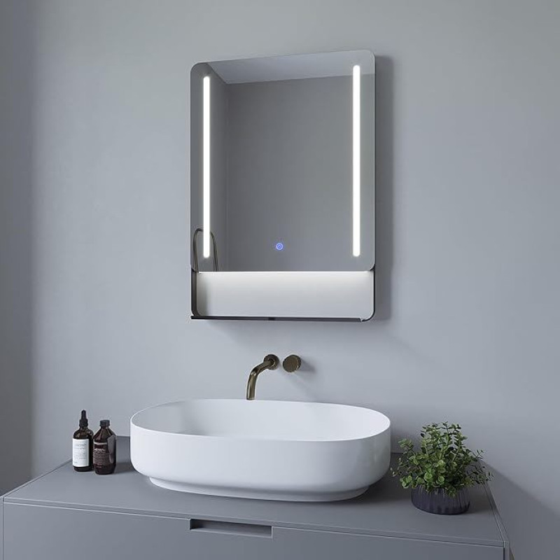 AQUABATOS® Bathroom Mirror with Lighting and Shelf 50 x 70 cm Aluminium Frame in Black Matt Bathroom Mirror Dimmable Touch Cool White 6400 K Anti-Fog Wall Mirror Wall Switch