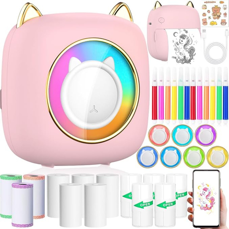 ZQEJEFD Mini Printer, Portable Mini Photo Printer, Thermal Printer, Smartphone Pocket Printer, Wireless Bluetooth Photo Printer, Compatible with Android & iOS, with 14 Rolls of Paper for Notes, List