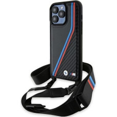 CG Mobile BMW BMHCP15L23PSVTK Case for iPhone 15 Pro 6.1 Inch Black Hard Case M Edition Carbon Tricolour Lines & Strap